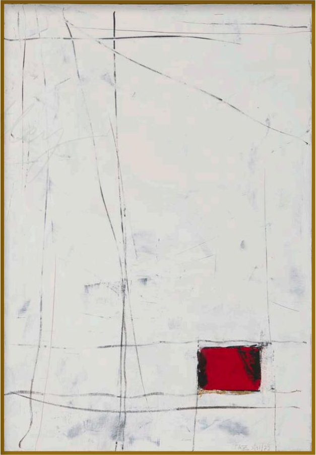 The Idea — acrylic, colored pencil, gold leaf on canvas, framed